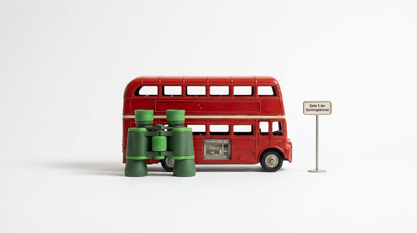 Rotes Doppeldeckerbus-Spielzeugmodell mit grünem Fernglas und Schild "Seite 5 der Suchergebnisse" auf weißem Hintergrund
