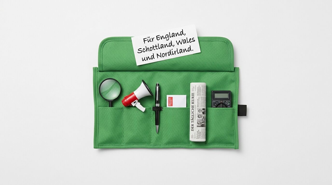 Grüne Stofforganizer mit verschiedenen Werkzeugen: Lupe, roter Megafon, schwarzer Stift, Notizblock, Anleitung und digitales Messgerät