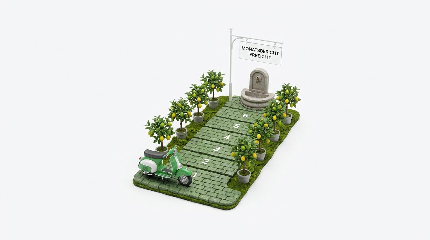Miniaturfriedhof mit Vespa, Zitronenbäumen, Grabstein und Schild "Monatsbericht erreicht"