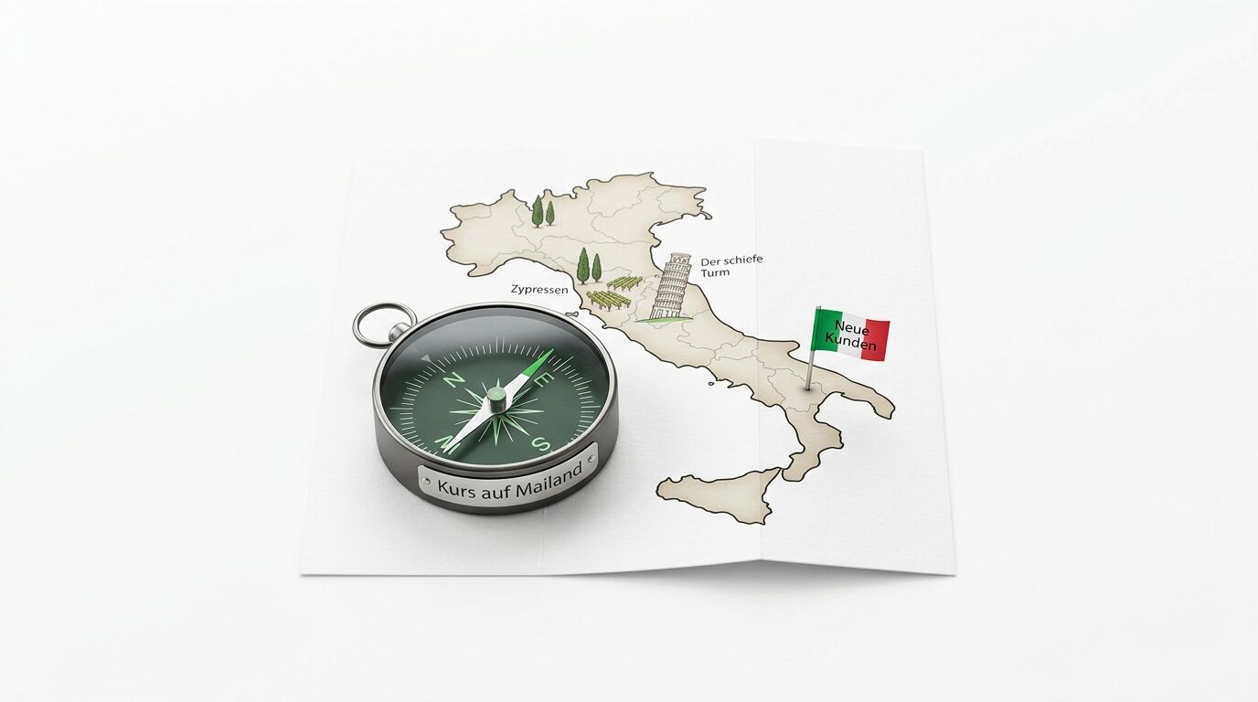 Kompass mit Italien-Karte, markanten Sehenswürdigkeiten und "Neukunden"-Flagge, Text "Kurs auf Mailailand"