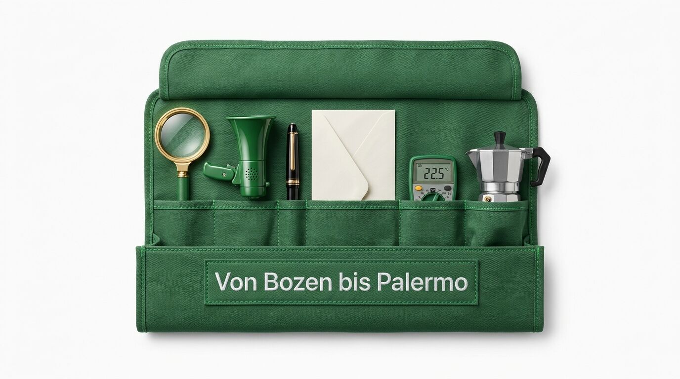 Grüne Organizer-Tasche mit verschiedenen Objekten: Lupe, grüne Flasche, Stift, Notizbuch, Thermometer und Kaffeekanne. Text: "Von Bozen bis Palermo"