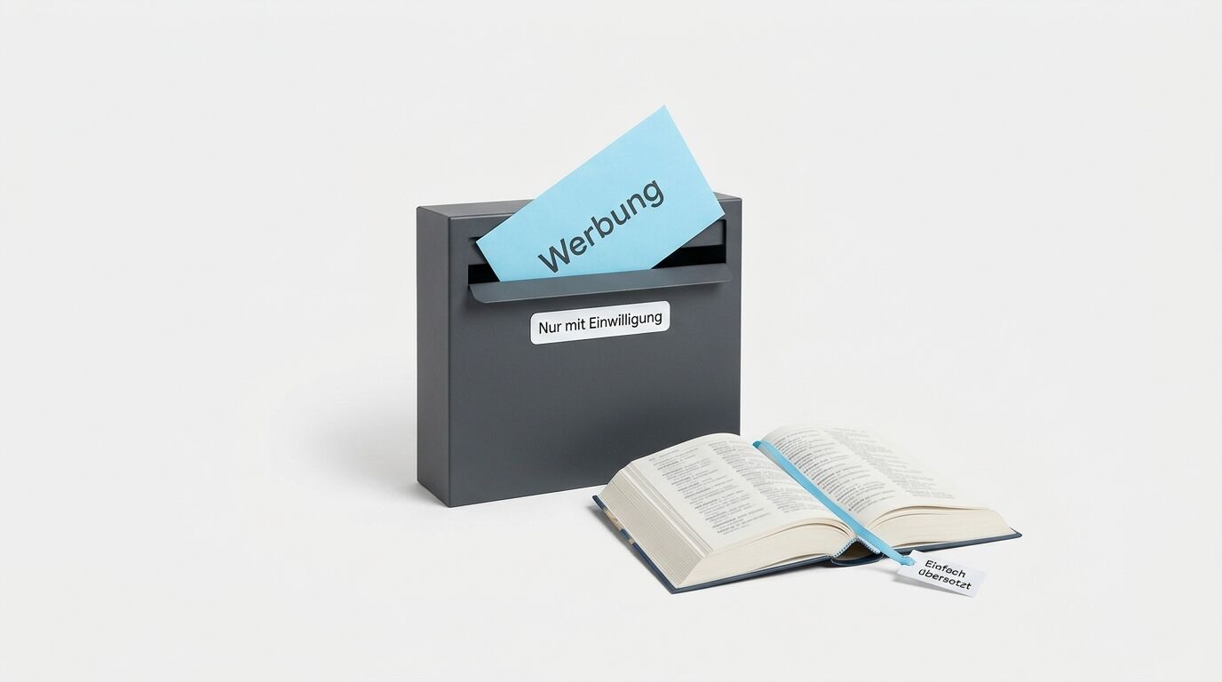 Briefkasten mit "Werbung"-Schild und "Nur mit Einwilligung"-Etikett neben aufgeschlagenem Buch