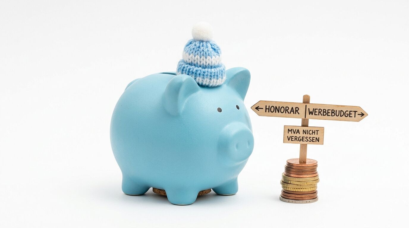 Blaues Sparschwein mit Mütze neben Münzstapel und Wegweiser mit Aufschriften "HONORAR", "WERBEBUDGET" und "MVA NICHT VERGESSEN"