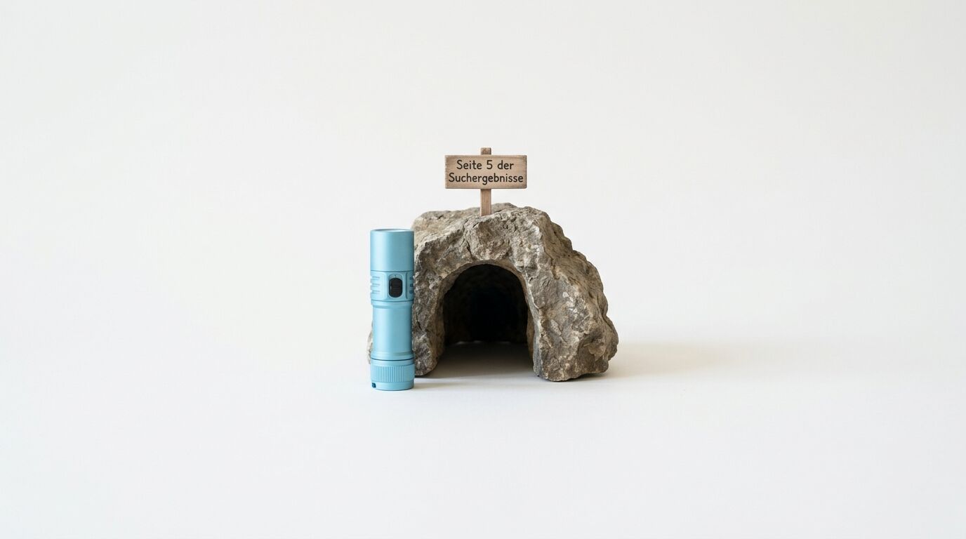 Eine steinerne Höhle mit Eingang neben einer blauen Taschenlampe. Darüber ein Schild mit der Aufschrift "Seite 5 der Suchergebnisse"