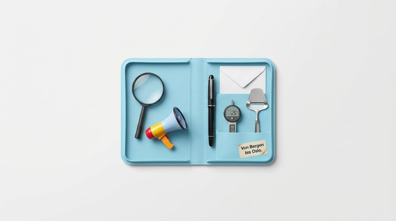 Hellblaue Organizer-Box mit Lupe, Megafon, schwarzem Stift, Uhr, Briefklammer und Umschlag. Aufkleber "Von Bergen bis Oslo"