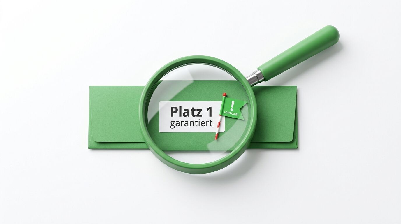 Grüne Lupe mit Griff über grünem Banner. Weiße Etikette zeigt "Platz 1 garantiert" mit Achtung-Symbol und roten Stecknadeln