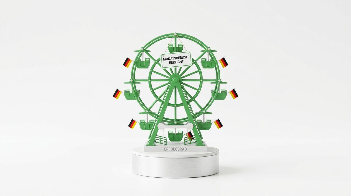 Grünes Riesenrad-Modell mit deutschen Flaggen, Aufschrift "Monatsbericht erreicht" und "Erfolgsrad" auf weißem Sockel