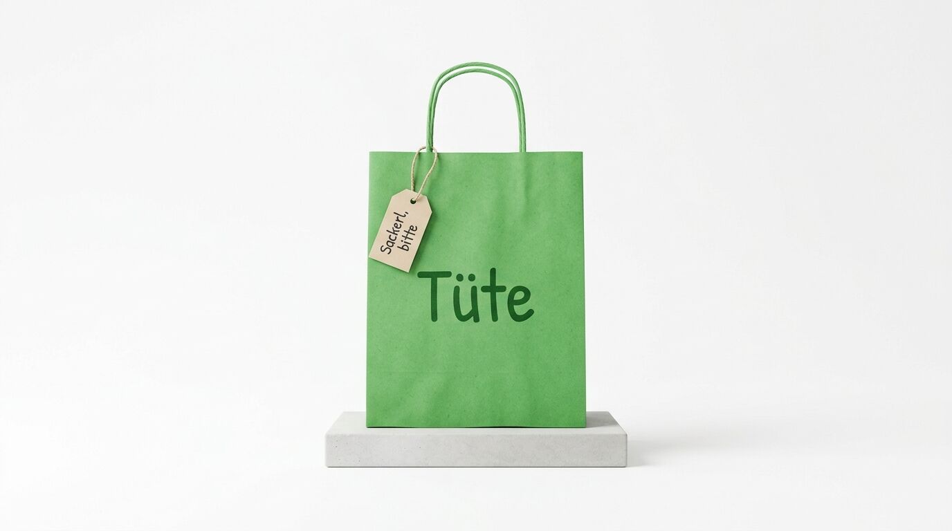 Grüne Papiertasche mit Henkel auf grauem Podest. Text "Tiite" aufgedruckt. Beige Preisschild mit "Sacked hite" beschriftet