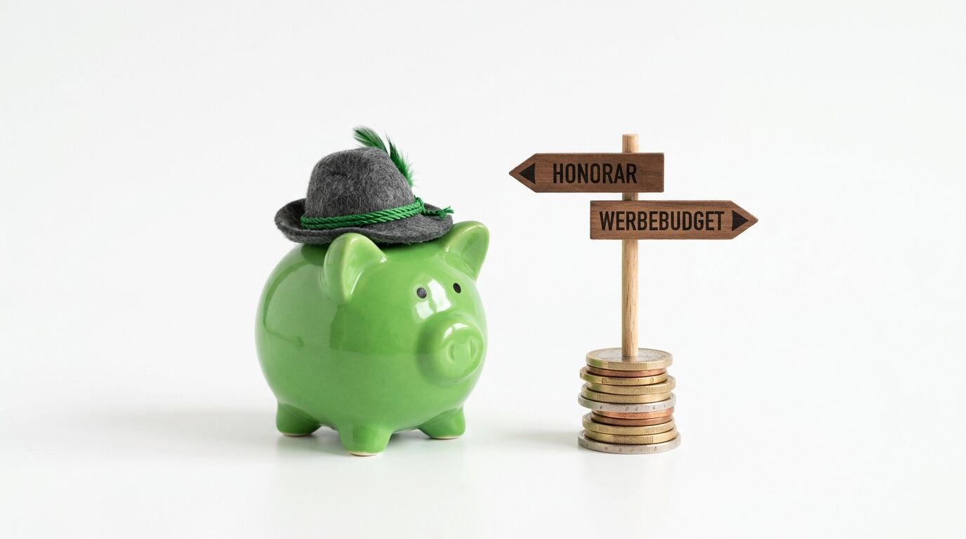 Grünes Sparschwein mit Hut neben Münzstapel und Wegweiser mit "HONORAR" und "WERBEBUDGET"