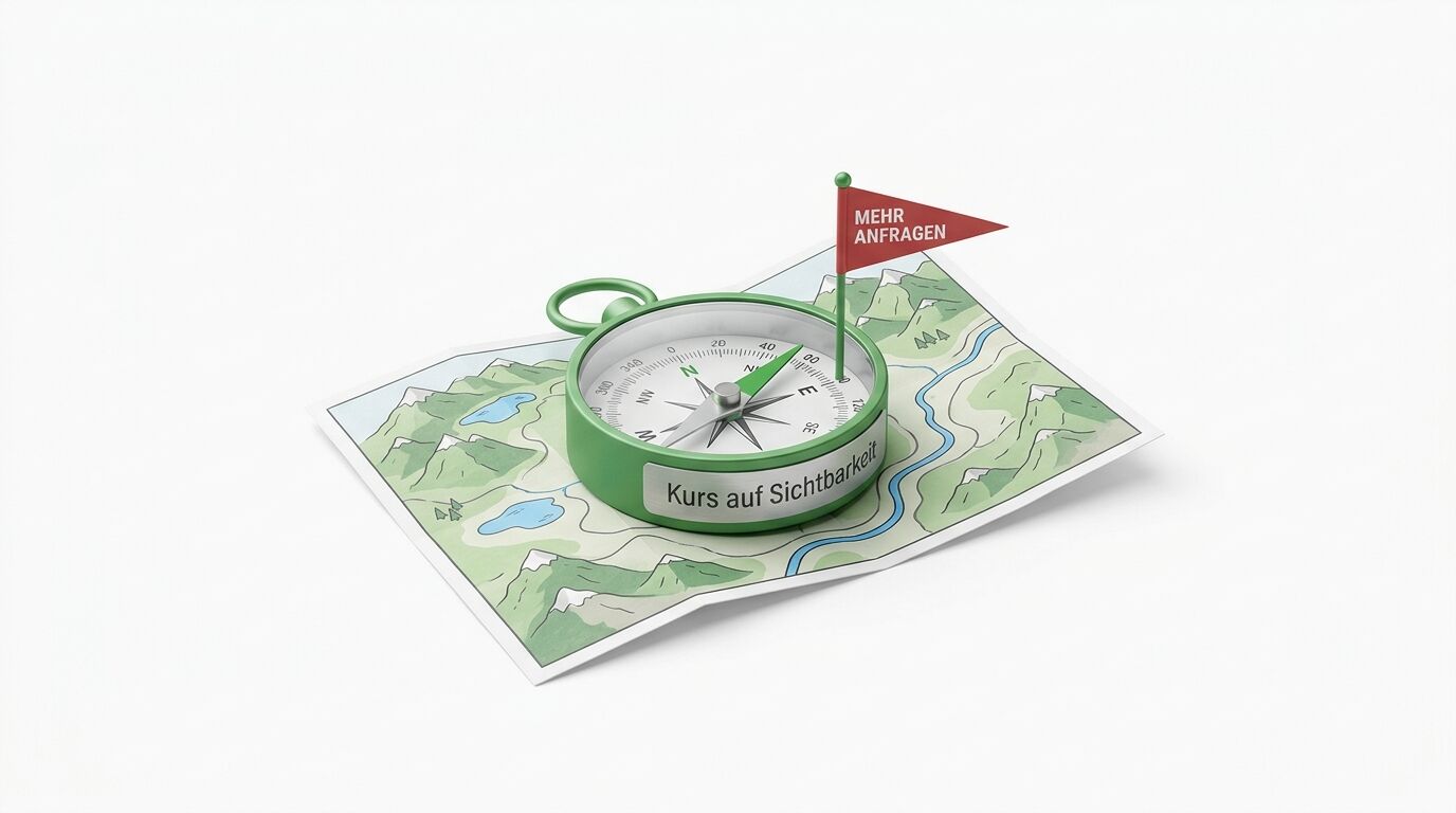 Kompass auf Wanderkarte mit Flagge "Mehr Anfragen" und Aufschrift "Kurs auf Sichtbarkeit"