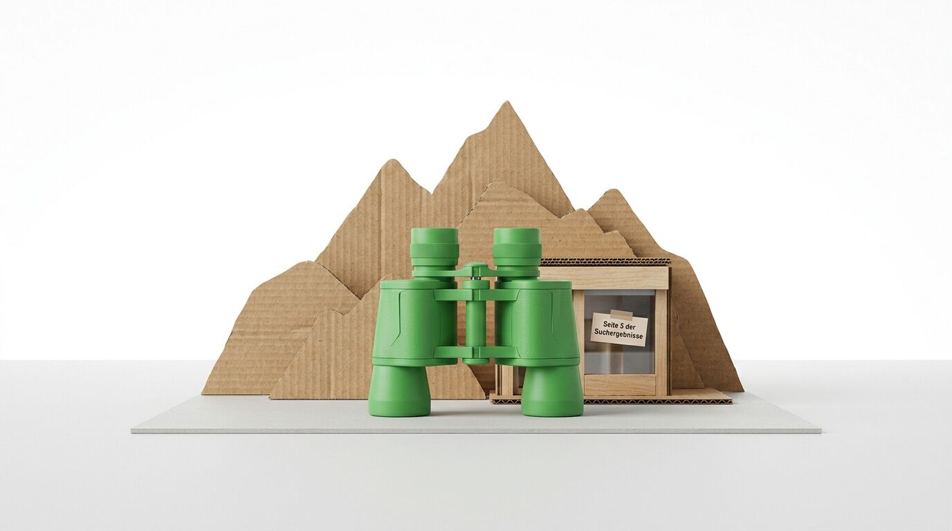 Cardboard mountain landscape mit grünem Fernglas und Holzgebäude mit Schild "Seite 5 der Suchergebnisse"