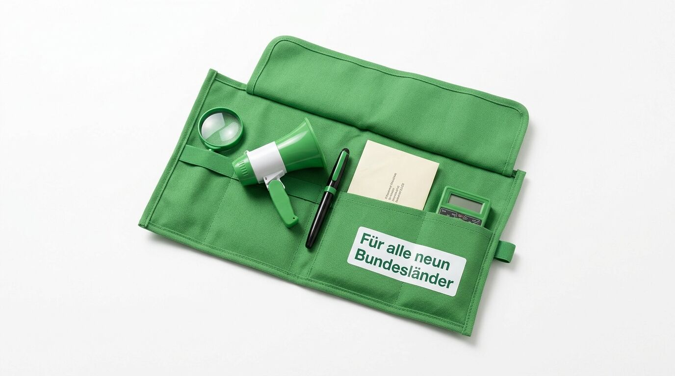 Grüne Organizer-Tasche mit Megaphon, Lupe, Stift, Notizblock und Taschenrechner. Aufschrift: "Für alle neun Bundesländer"