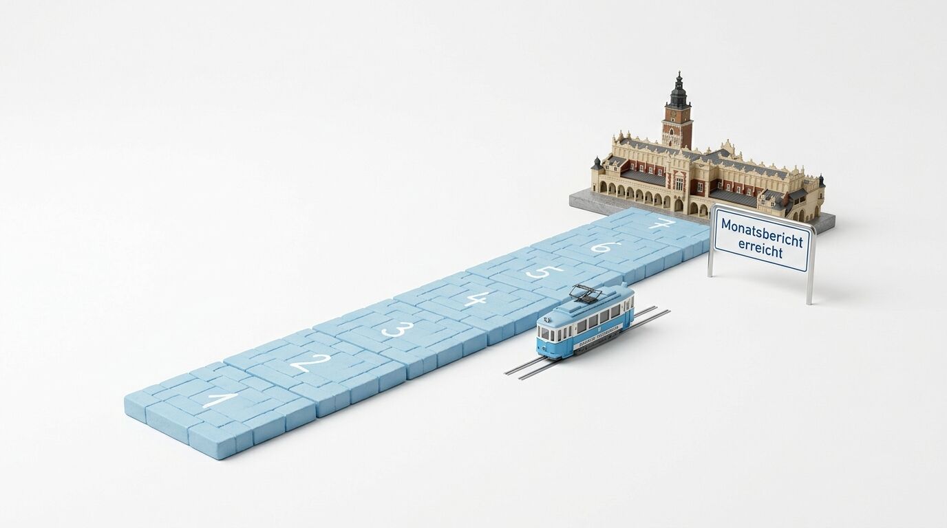 Eine Straßenbahn fährt auf einem blauen Pflaster-Track zu einem historischen Rathaus. Ein Schild zeigt "Monatsbericht erreicht"