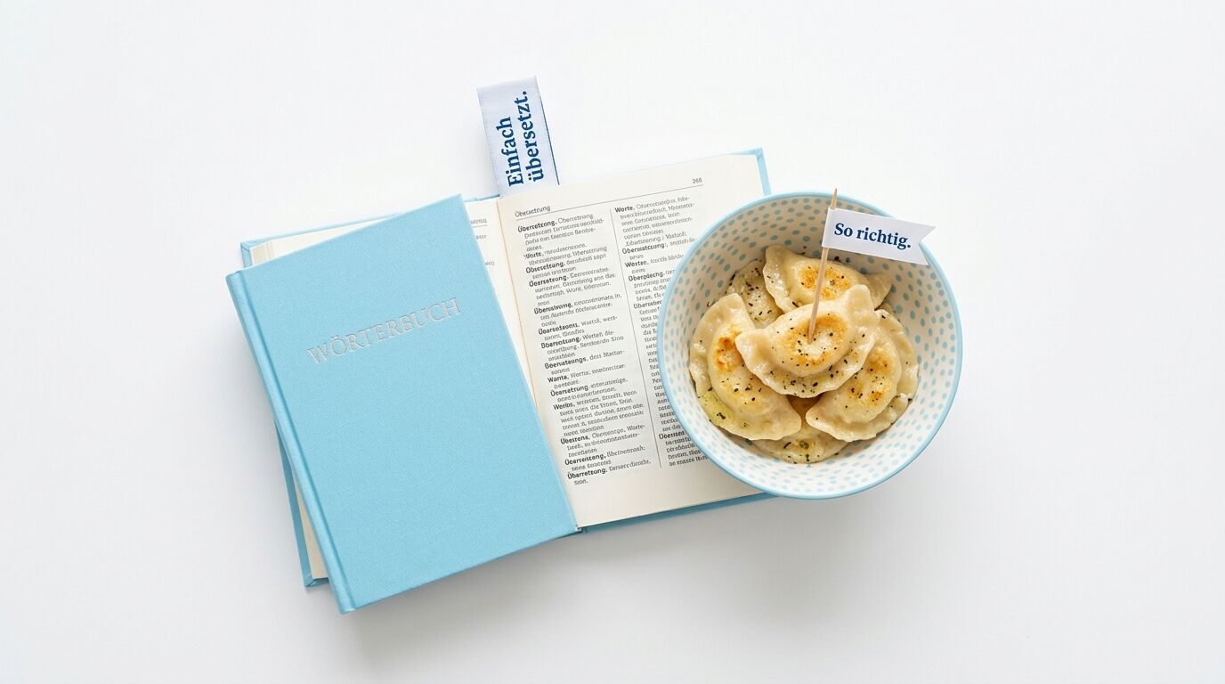 Ein hellblaues Wörterbuch liegt aufgeschlagen neben einer weißen Schüssel mit Kartoffelsalat und einem Etikett "So richtig"