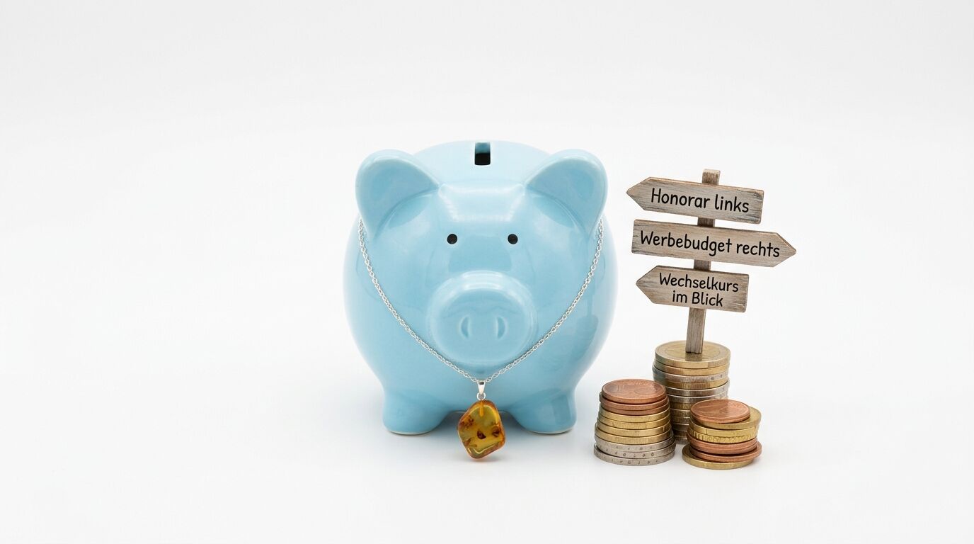 Sparschwein mit Halskette neben Münzstapeln und Wegweiser mit deutschen Finanzthemen