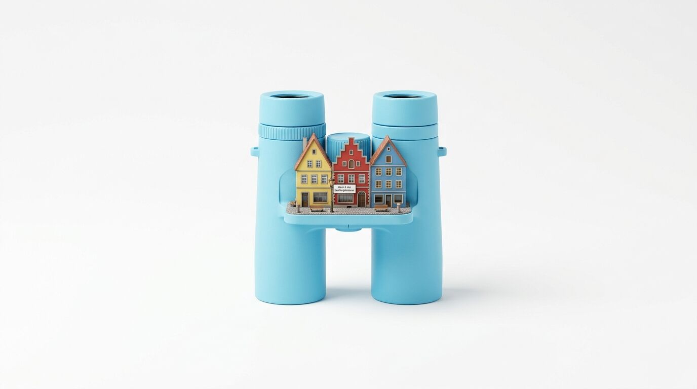 Hellblaues Fernglas mit miniaturem Häuserblock in der Mitte, bestehend aus drei farbigen Gebäuden in Gelb, Rot und Blau