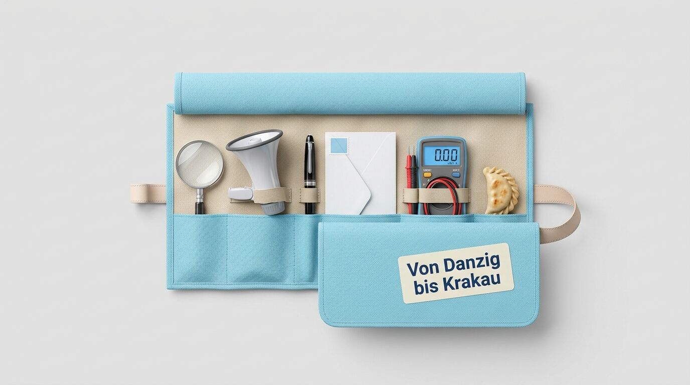 Hellblaue Tasche mit verschiedenen Objekten: Lupe, Becher, Stift, Papier, Multimeter, Keks. Label "Von Danzig bis Krakau"