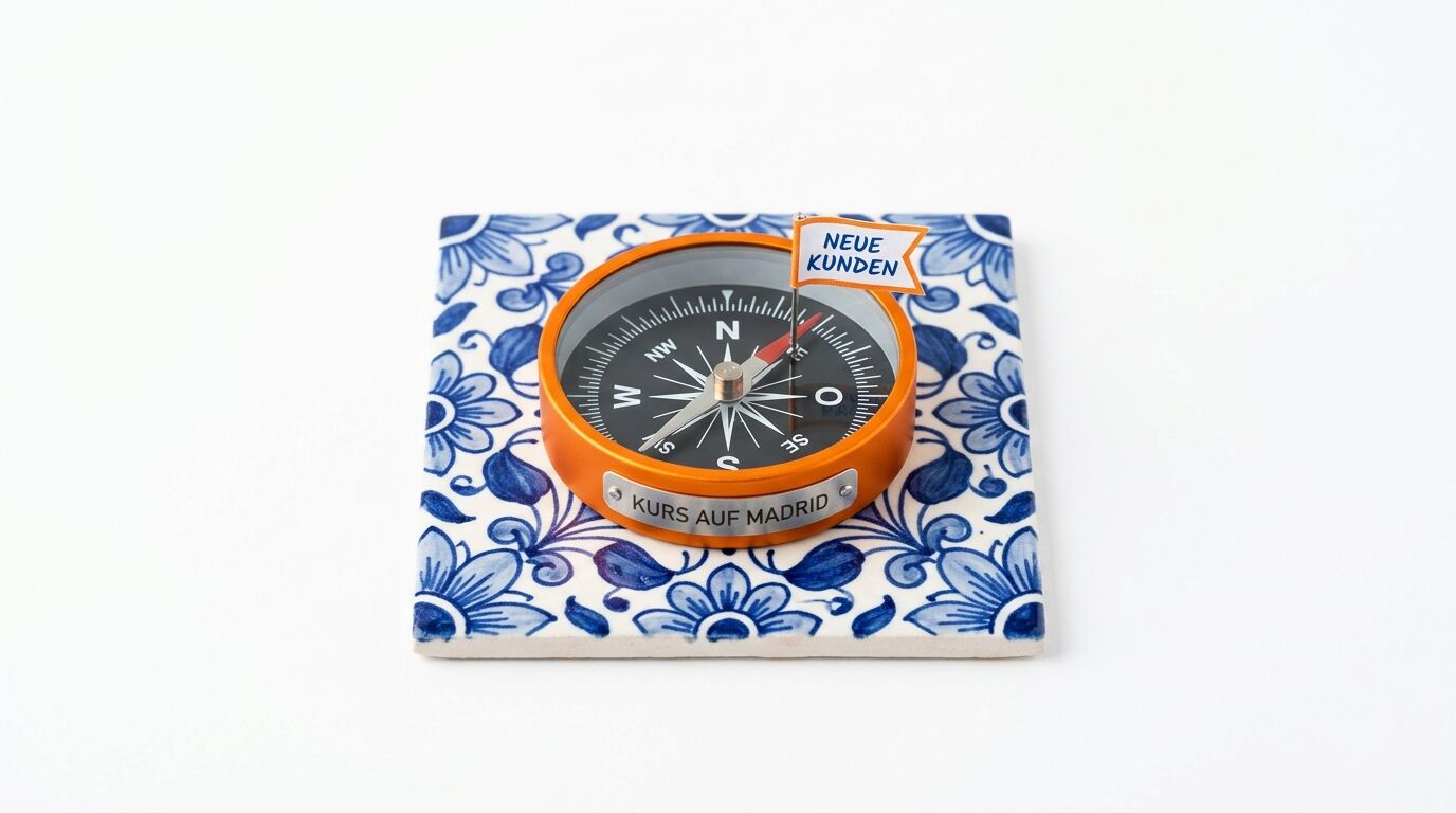 Kompass mit orangefarbenem Rahmen auf blauweißem Keramikfeld. Text: "Neue Kunden" und "Kurs auf Madrid"