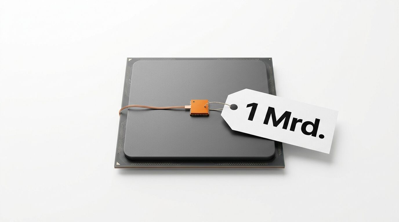 CPU mit kleinerem Chip und einem Preisschild mit der Aufschrift „1 Mrd.“ vor weißem Hintergrund
