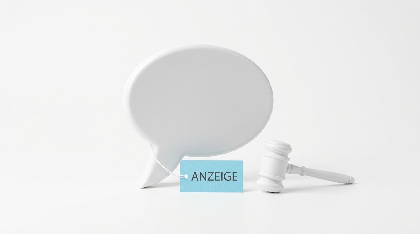 Weißer Richterhammer, Sprechblase und blaues Schild mit „Anzeige“ vor weißem Hintergrund