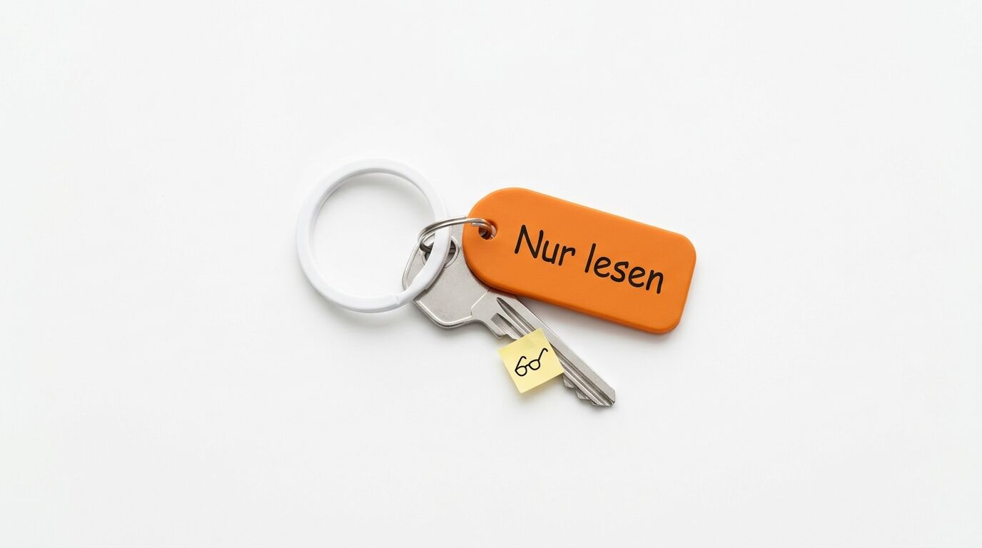 Schlüssel mit orangerotem Anhänger, Text 'Nur lesen', Brillen-Sticker, weißer Ring