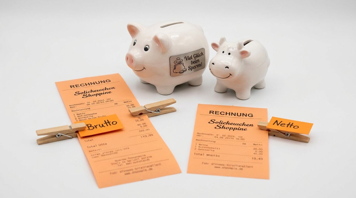 Zwei Porzellanspardosen und zwei orange Quittungen mit Wäscheklammern und Etiketten vor weißem Grund