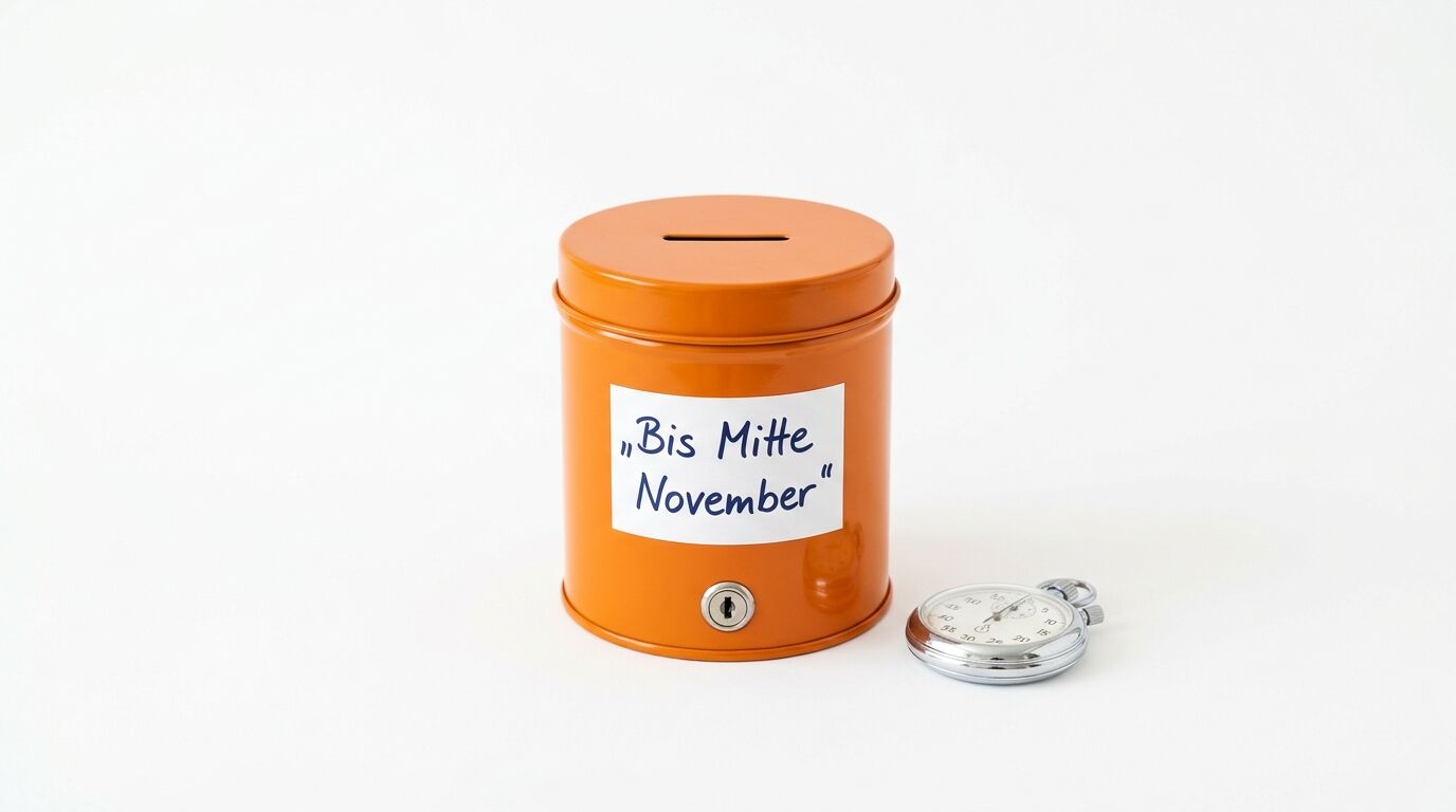 Orange Spardose mit Aufschrift „Bis Mitte November“ und eine Stoppuhr daneben auf Weiß