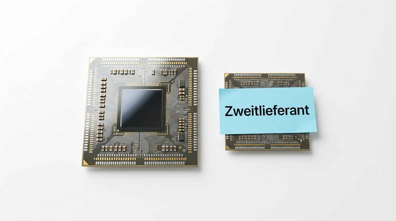 Zwei Mikrochips auf Weiß, rechts kleiner mit blauer Notiz „Zweitlieferant“