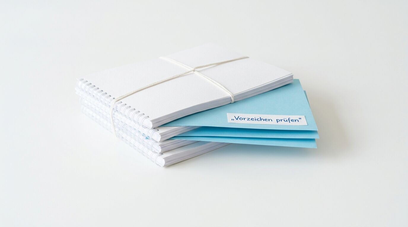 Vier gebundene Notizblöcke, blaue Kärtchen mit Text, mit Schnur zusammengebunden