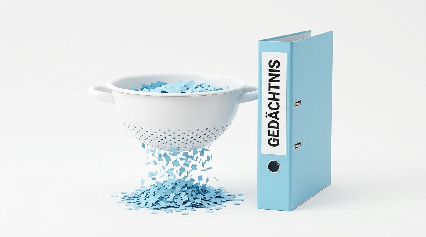 Löchriger Sieb mit blauem Konfetti neben blauem Ordner beschriftet mit „GEDÄCHTNIS“