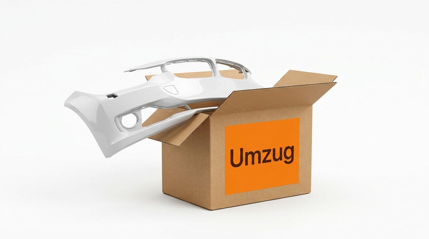 Offener Umzugskarton mit einer Auto-Stoßstange darin