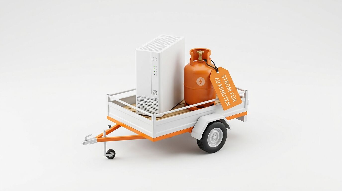 Ein Pkw-Anhänger mit weißem Servergehäuse, orangefarbener Gasflasche und Strom-Etikett davor