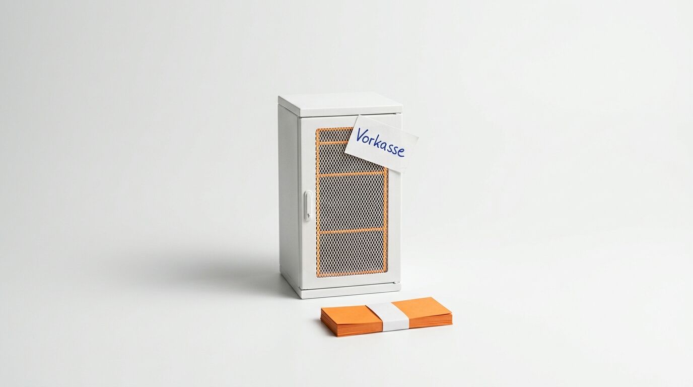 Kabinettmodell mit „Vorkasse“-Schild und orangefarbenem Geldpaket auf weißem Grund