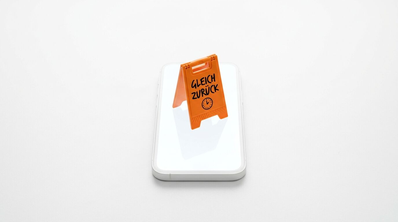 Ein orangefarbenes Warnschild mit der Aufschrift GLEICH ZURÜCK auf einem Smartphone