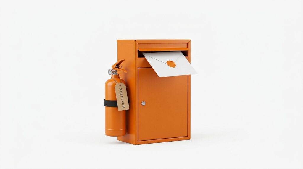 Orangefarbener Briefkasten mit versiegeltem Umschlag und kleinem Feuerlöscher mit Schild „Medienrecht“ als Sinnbild für Abmahnungen