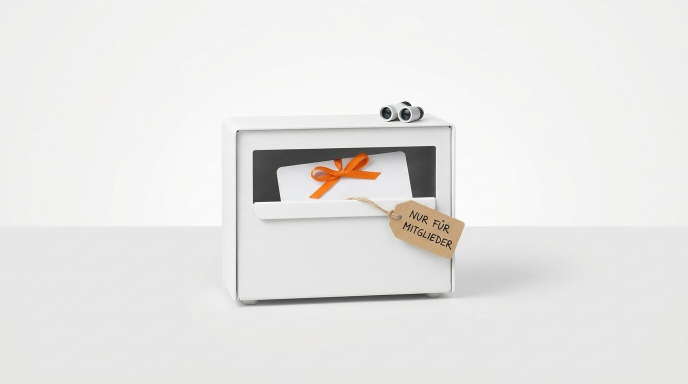 Briefkasten mit Fernglas, Geschenkbrief und Anhänger „NUR FÜR MITGLIEDER“ vor weißem Grund