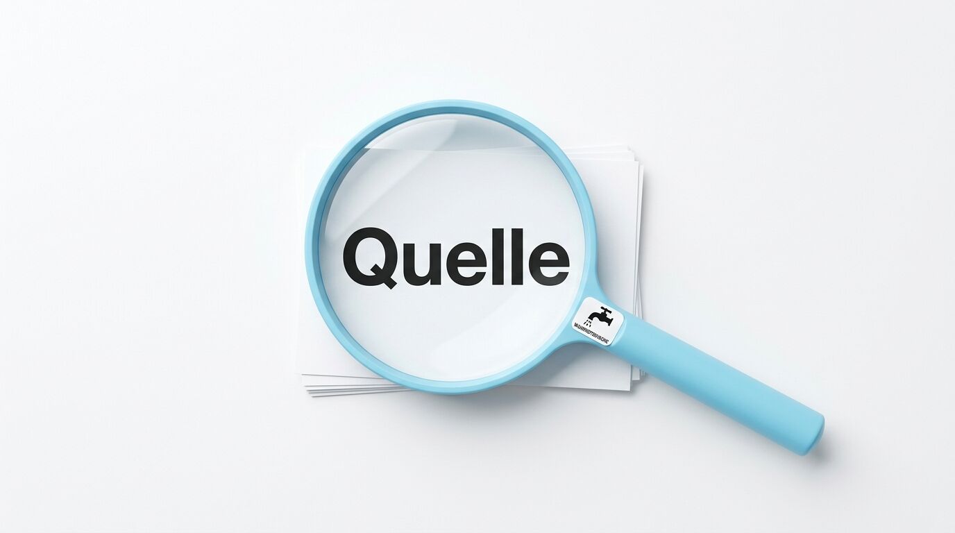 Blaue Lupe auf Papierstapel mit Wort „Quelle“ und Wasserhahn-Symbol auf weißem Grund