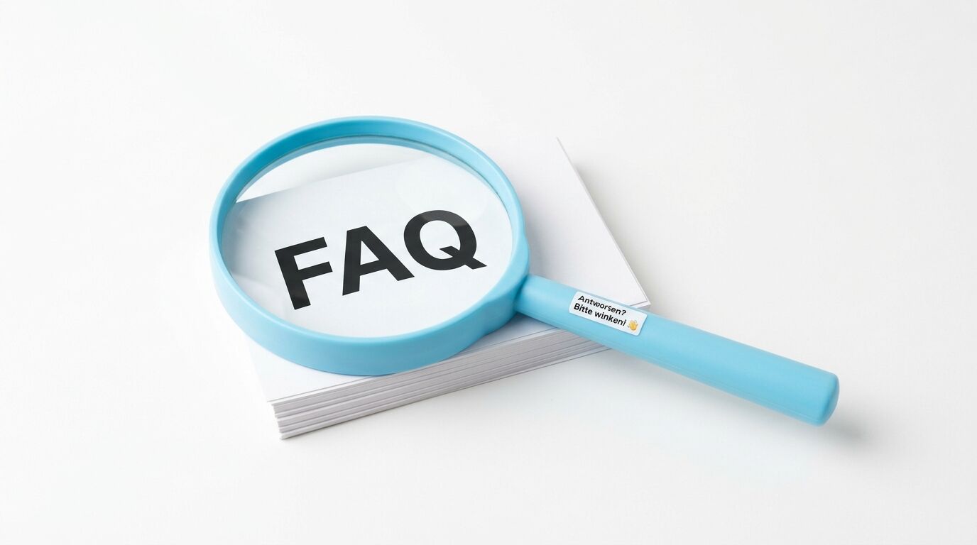 Ein Stapel Karteikarten mit Aufschrift FAQ, darauf eine blaue Lupe mit einem Aufkleber auf dem Griff