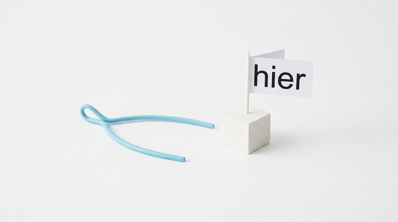 Blaue Wünschelrute links von einem weißen Würfel mit einer Flagge mit dem Wort „hier“