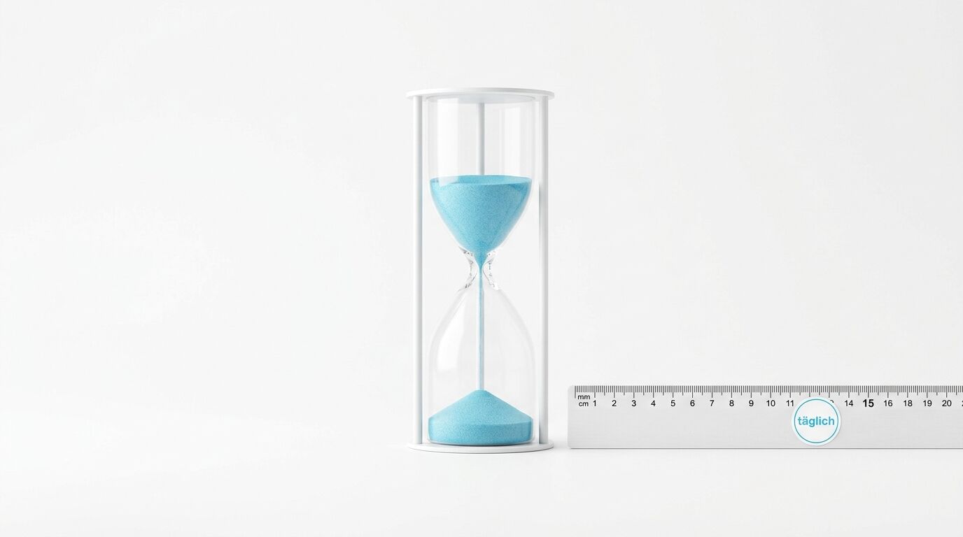 Sanduhr mit blauem Sand neben Lineal vor weißem Hintergrund