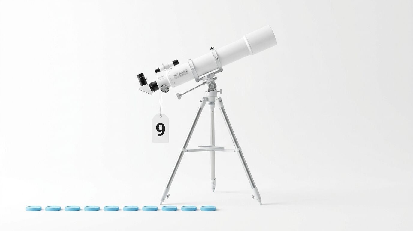 Teleskop auf Stativ mit Schild „9“, blaue Kreise am Boden vor weißem Hintergrund
