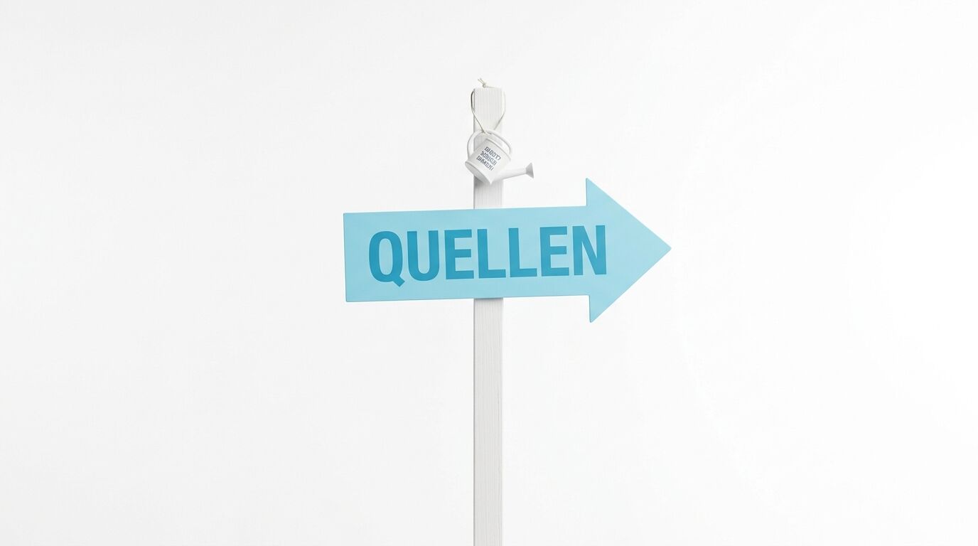 Schild in Pfeilform mit Aufschrift QUELLEN und einer kleinen Gießkanne darüber