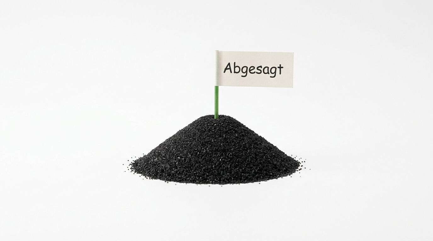 Auf einem Hügel aus schwarzem Granulat steht ein Fähnchen mit der Aufschrift „Abgesagt“