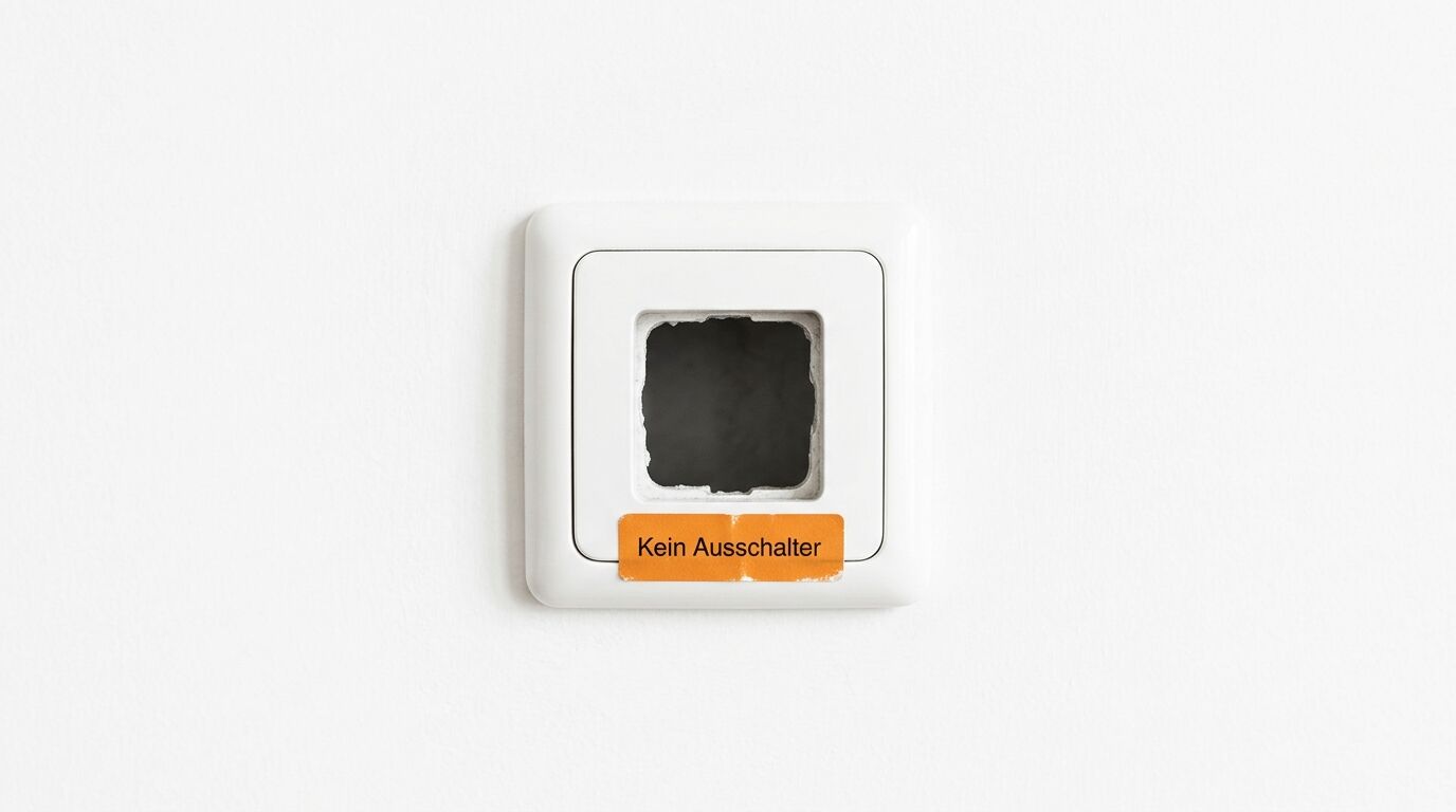 Ein weißer, kaputter Lichtschalter auf einer weißen Wand mit dem Text „Kein Ausschalter“ darauf