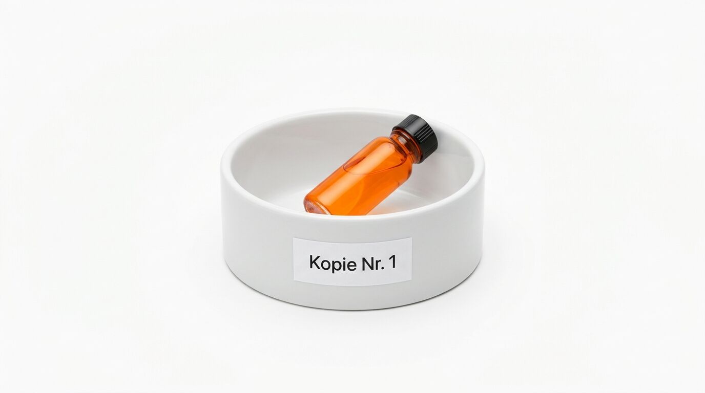 Braunglasflasche in Schale mit Aufschrift Kopie Nr. 1
