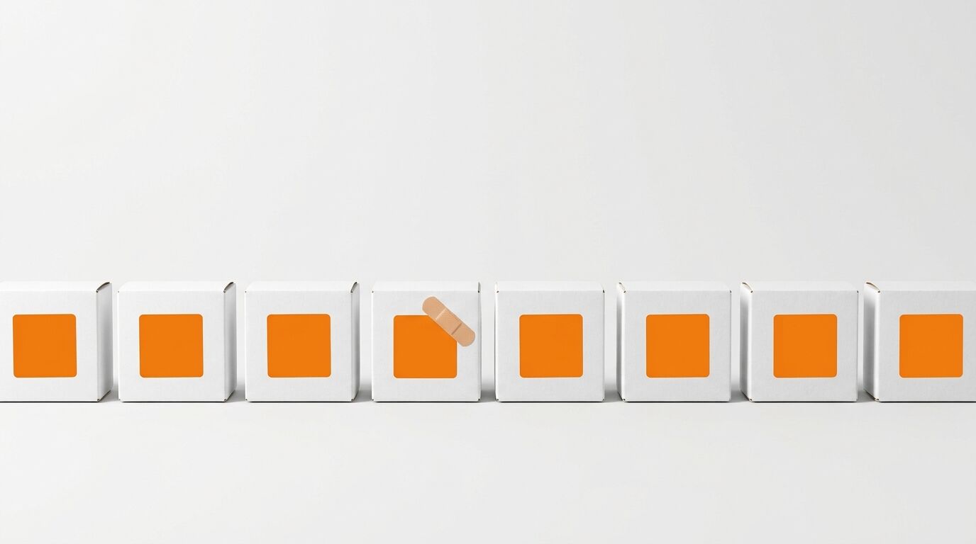 Weiße Kartons mit orangefarbenen Vierecken in einer Reihe, ein Karton mit Pflaster