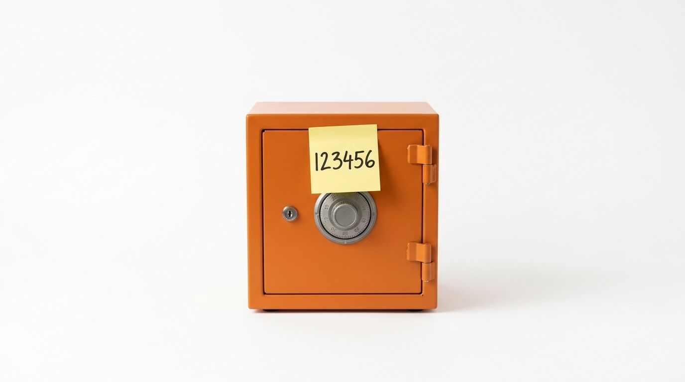 Orangener Safe mit einem gelben Klebezettel auf der Tür, auf dem die Zahlenfolge „123456“ steht