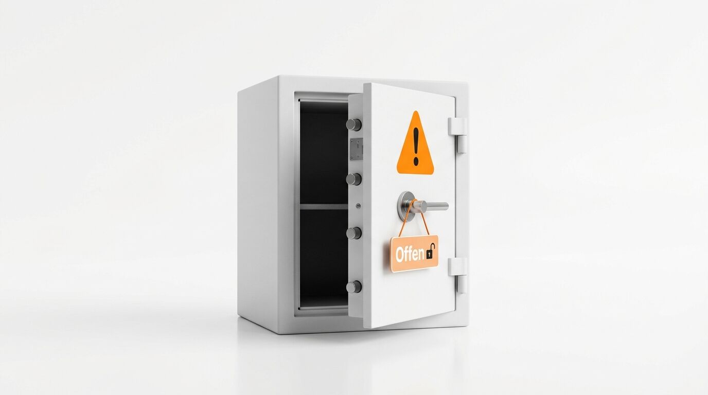 Offener weißer Tresor vor weißem Grund mit Warnsymbol und orangefarbenem „Offen“-Schild am Griff