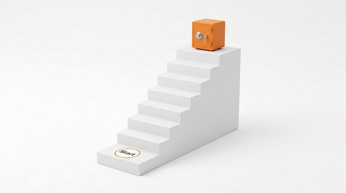 Start-Treppe zu einem orangen Tresor auf Weiß