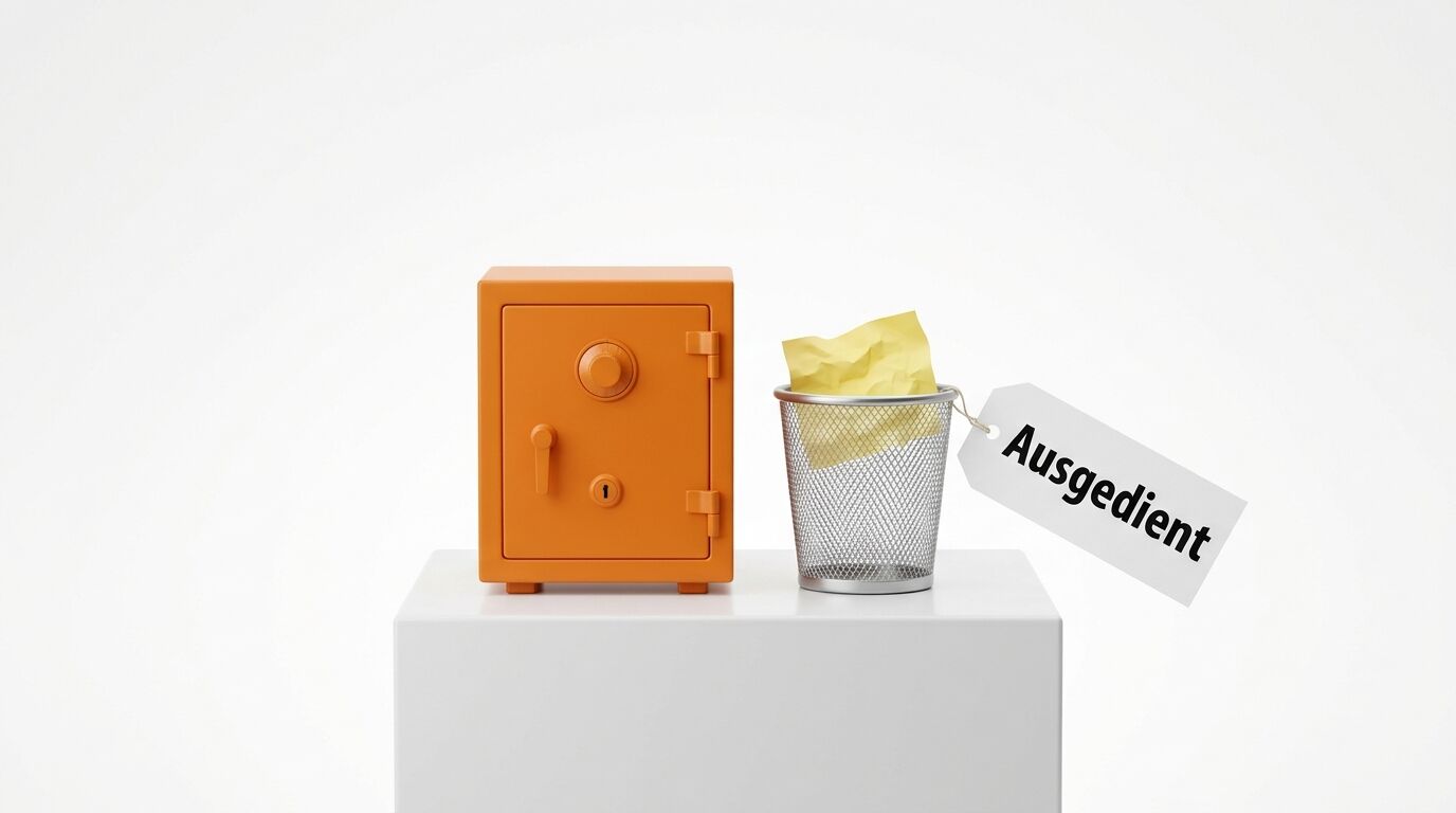 Ein oranger Safe neben einem Drahtpapierkorb mit „Ausgedient“-Schild auf einem weißen Sockel